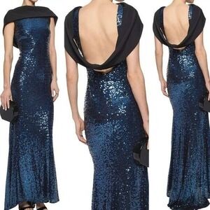 BADGLEY MISCHKA Dress 4 Blue Formal Evening Gown Sequin SMALL Navy Cowl NWT $995